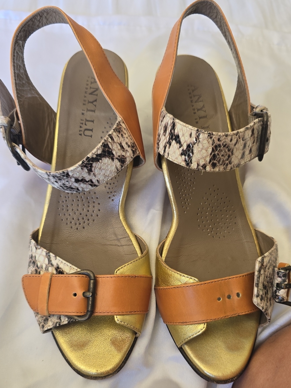 Anyi Lu Gold, Tan & Snake-Print Leather Slingback Sandals